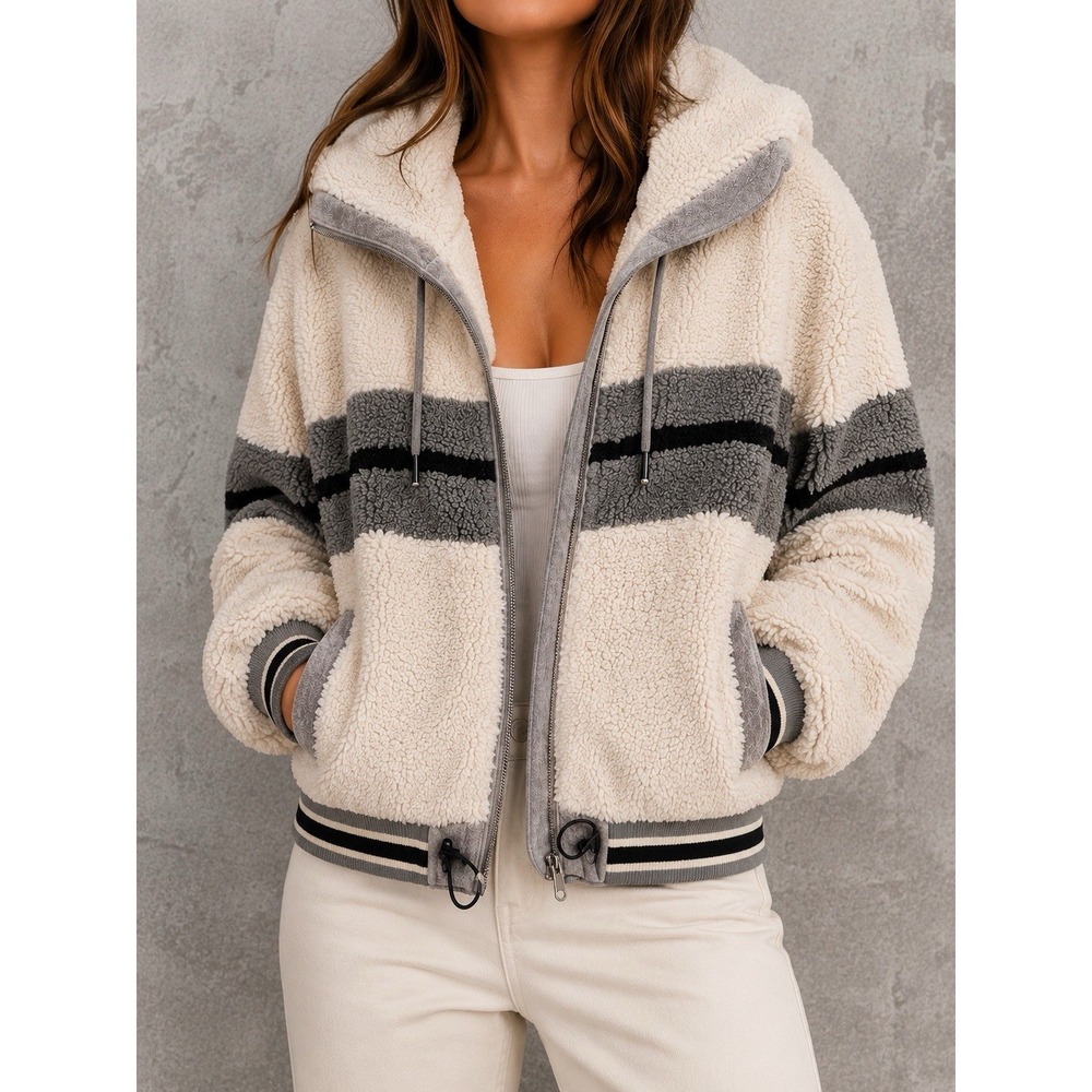 Blanc Noir Fuzzy Sweater Womens Large Cream Gray Black Striped Hooded Jacket
